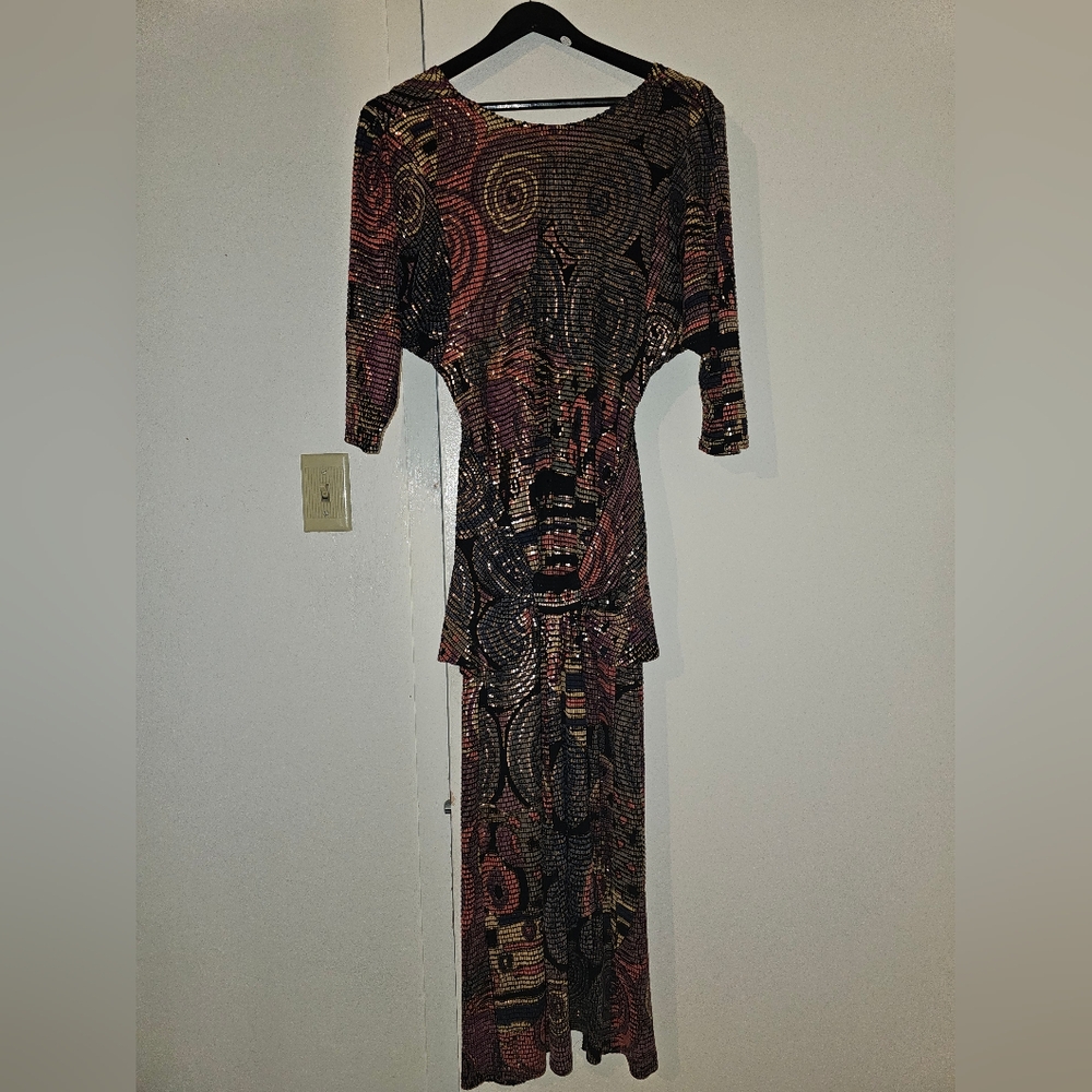 VINTAGE 1980's Janine Hand Painted Metallic Mosaic Runway Dress ITALY S - Picture 7 of 11